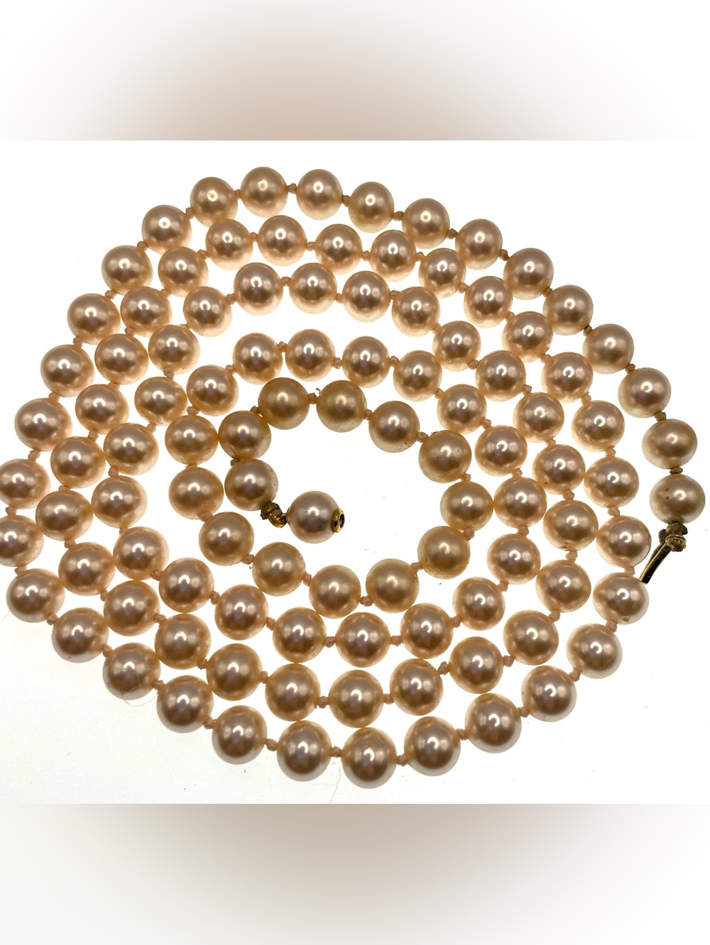 Vintage MCM Knotted Glass Pearl Necklace Champagne Faux Pearls Hidden Clasp